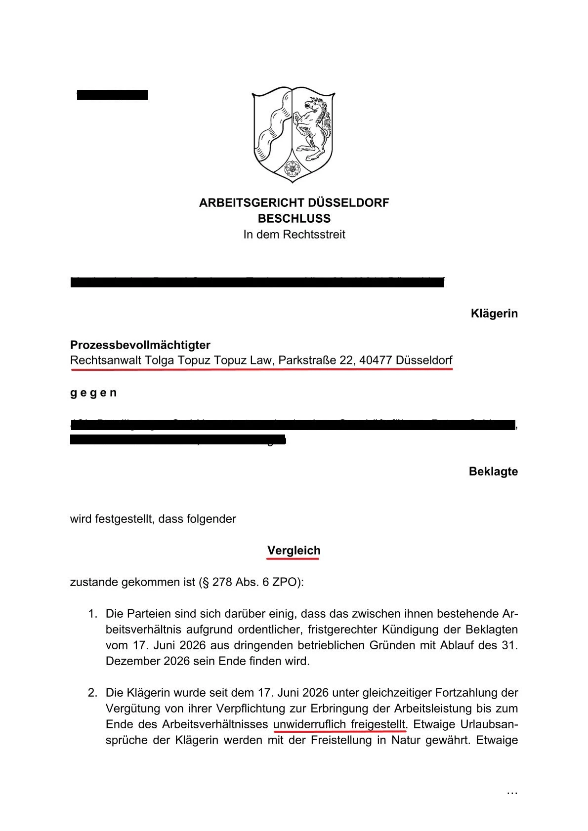 Beschluss des Arbeitsgerichts Düsseldorf Teil 1